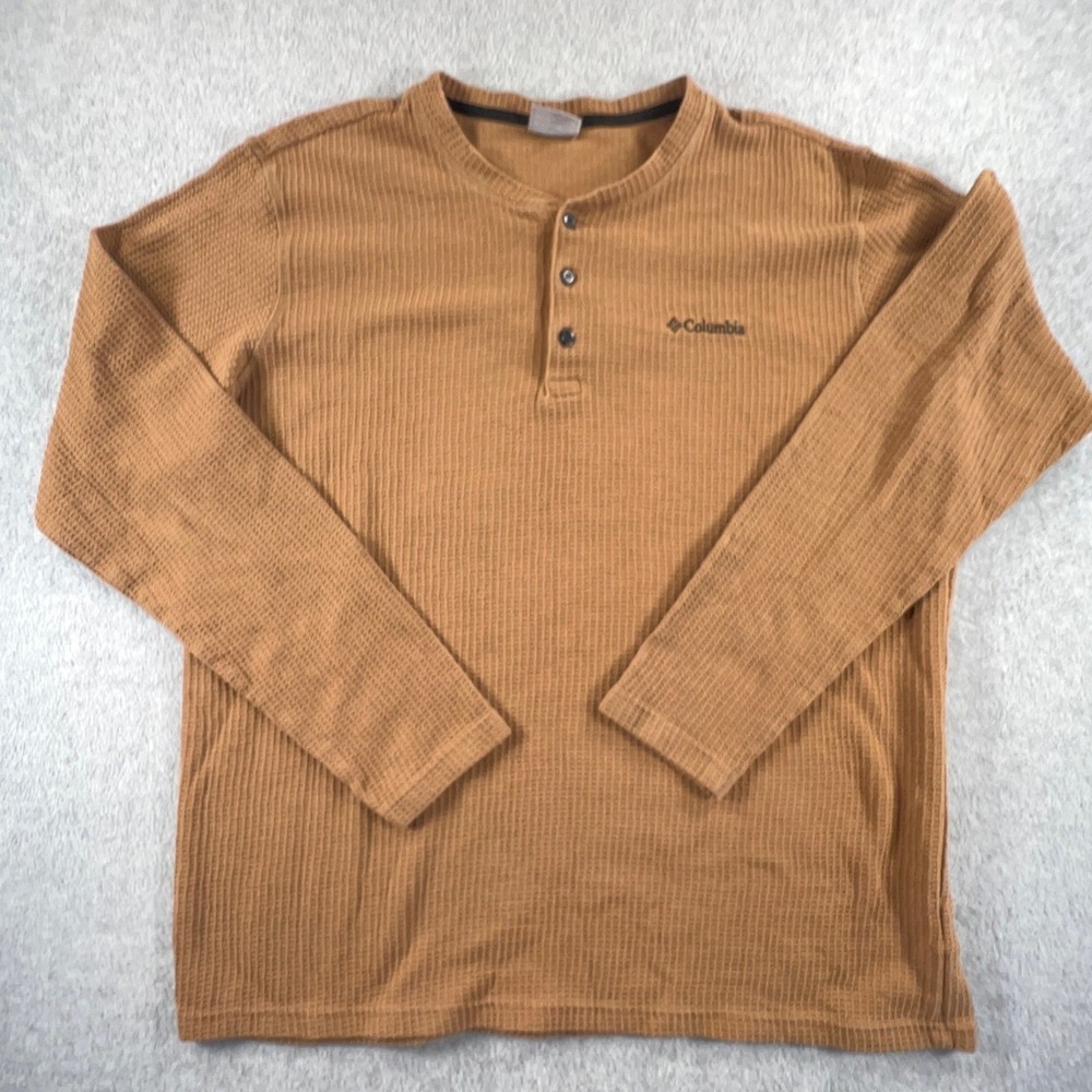 Columbia Mens XL Waffle Knit Henley Shirt Brown Long Sleeve Outdoor Casual 1128